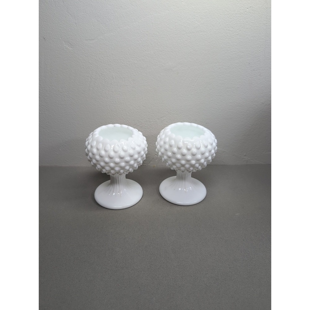 Art Vintage  Set Of 2 Glass  White  Milk  Glass  Hobnail  Pattern Pich‎ Ruffle